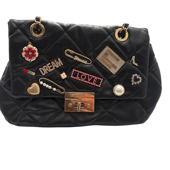 Aldo Black Quilted Chain Strap Shoulder Bag W/ GoldTone Accent & Decorative Pins - Picture 1 of 16
